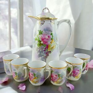 Antique Art Nouveau Demitasse Chocolate Pot/Espresso Set Three Crown Germany 7pc